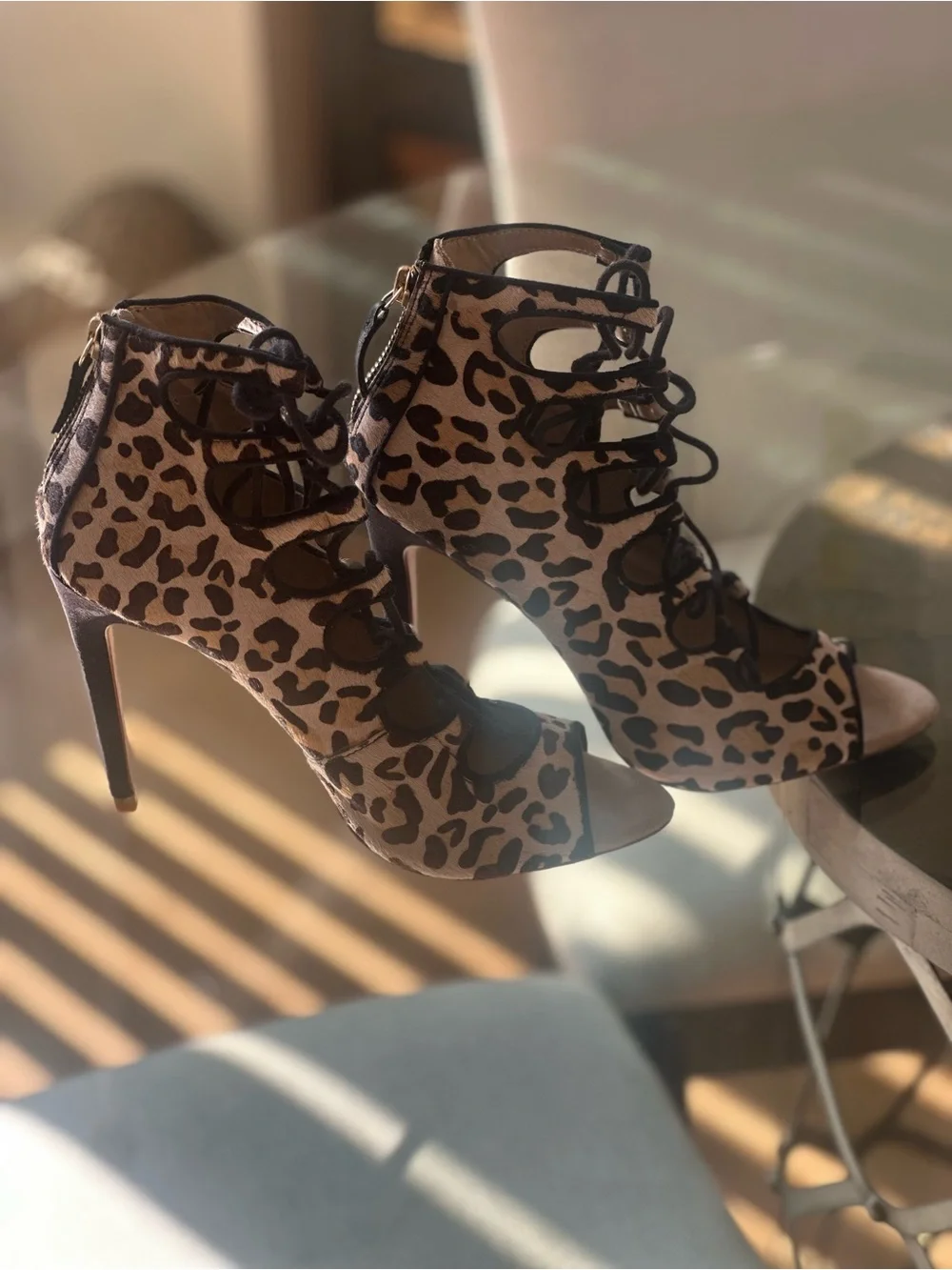 Zara calf hair leopard print Lace-Up Peep Toe Heels - Black & Beige sz 39 8US